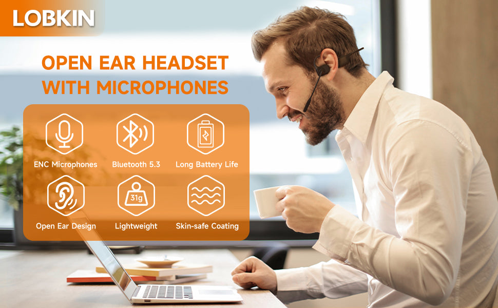 LOBKIN Open Ear Headphones with Mic, Bluetooth Headset with Noise Cancelling Microphone and Multipoint Connect, Wireless Bluetooth 5.3 Headset for Work Call Meeting Driving(Black)