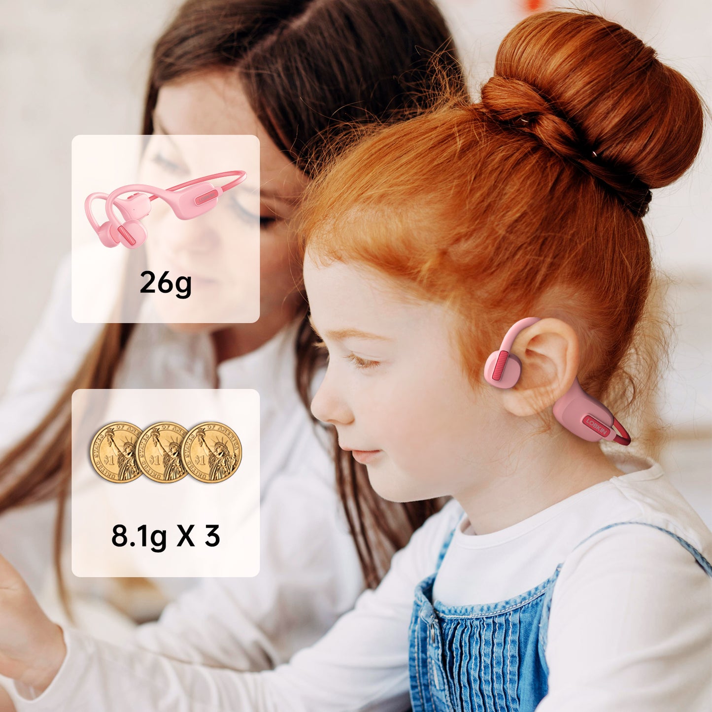 LOBKIN Kids Headphones Open Ear,Bluetooth 5.3 Air Conduction Wireless Lightweight Kids Earbuds IPX5 Waterproof with Microphone for School,Home and Outdoor Activities Gifts for Boys Girls