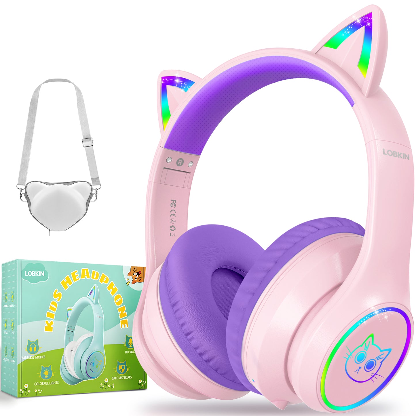 LOBKIN Auriculares Niños con Bolsa, Inalámbricos y con Cable, Auriculares Bluetooth Niños Niñas Plegables Ajustable para Escuela, Viajes
