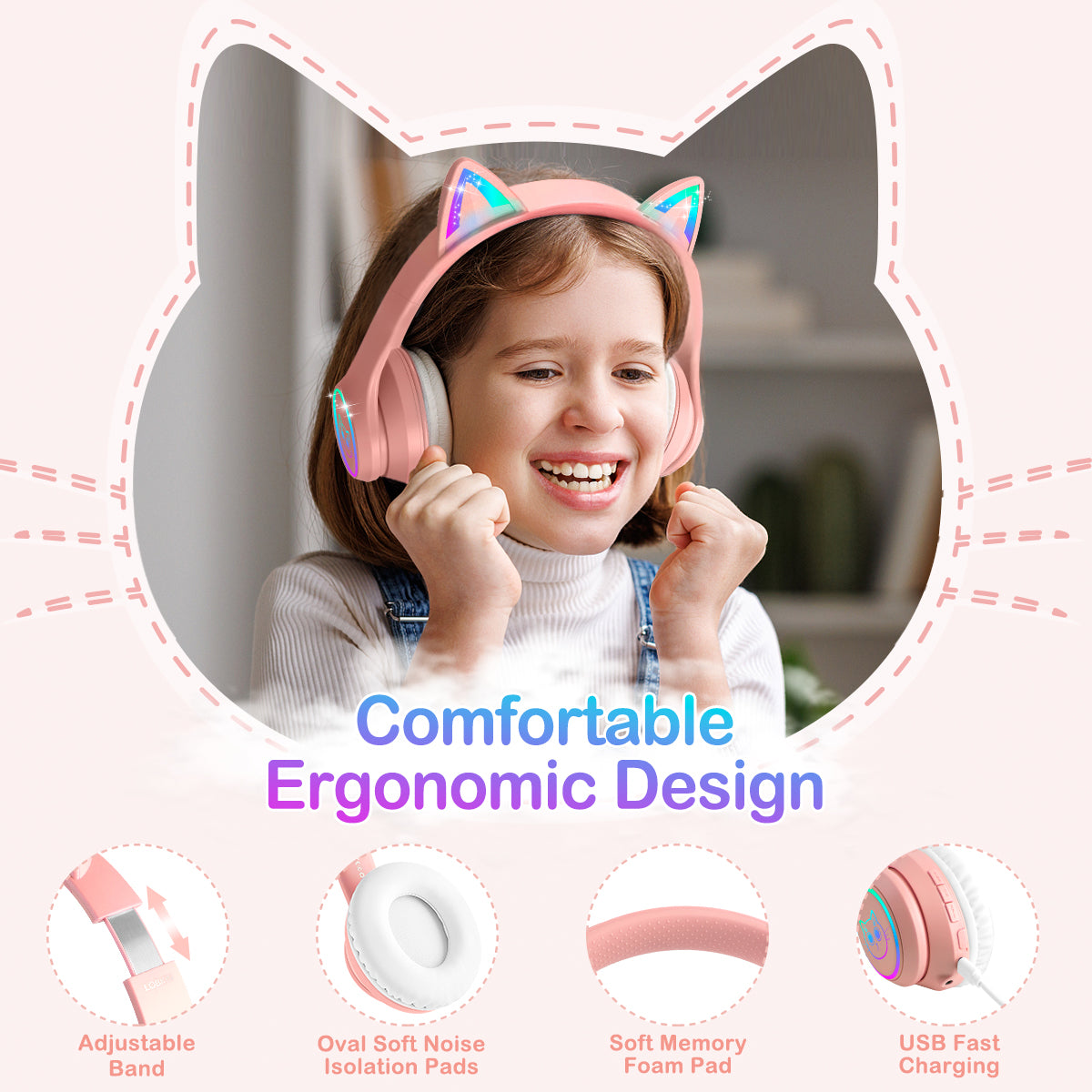 LOBKIN Casque Enfant, Casque Bluetooth Chat Enfant avec Sac, sans Fil et Filaire, Casque Musique Fille Pliable Réglable pour École, Voyage