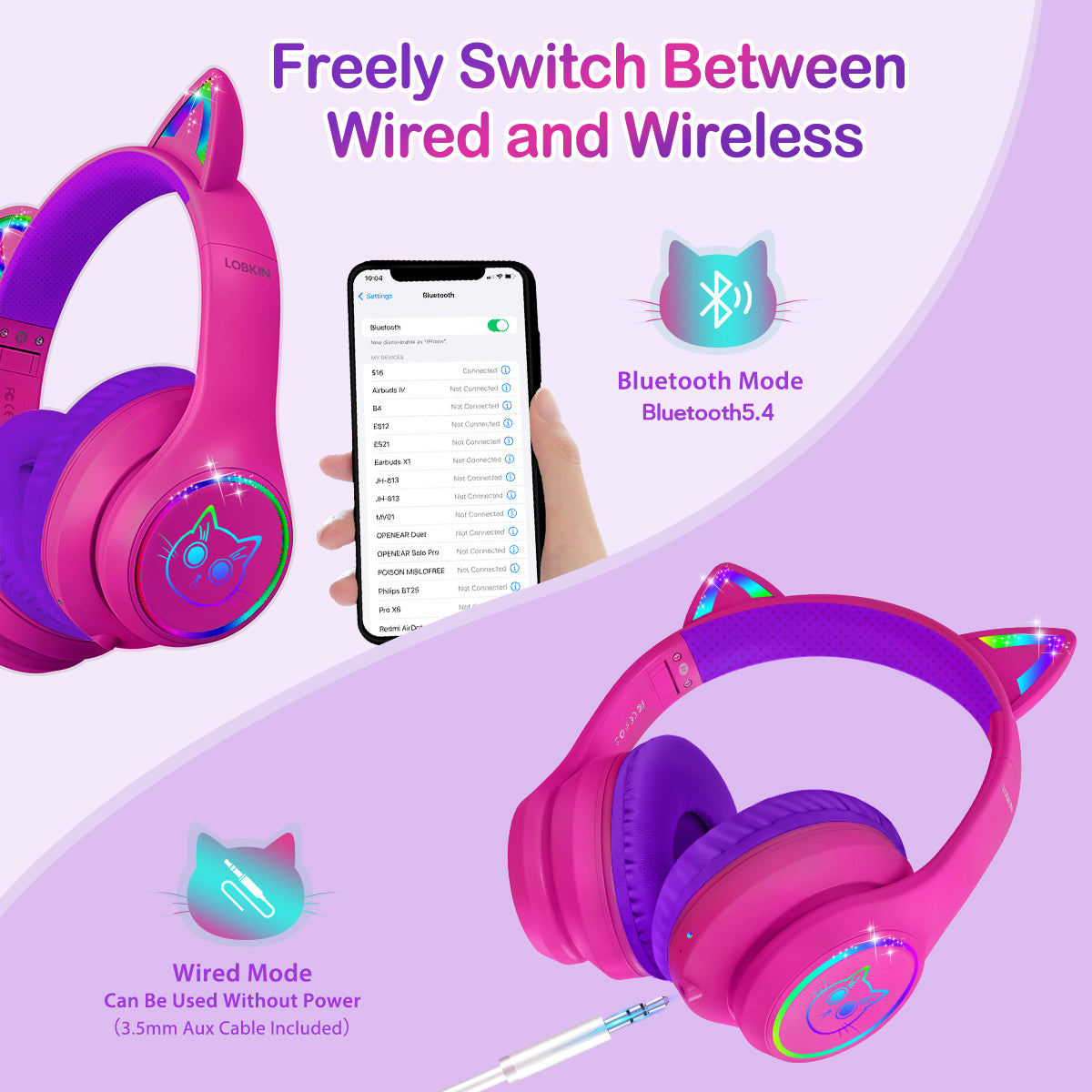 LOBKIN Auriculares Niños con Bolsa, Inalámbricos y con Cable, Auriculares Bluetooth Niños Niñas Plegables Ajustable para Escuela, Viajes