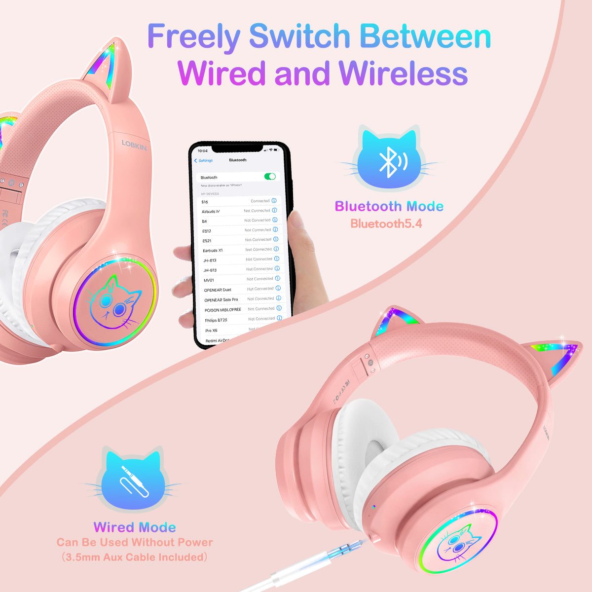 LOBKIN Casque Enfant, Casque Bluetooth Chat Enfant avec Sac, sans Fil et Filaire, Casque Musique Fille Pliable Réglable pour École, Voyage