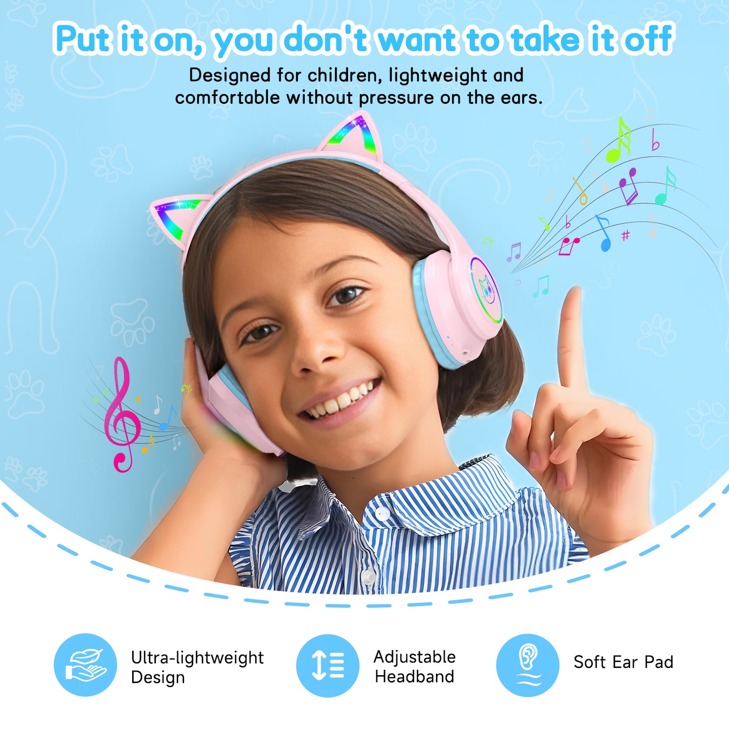 LOBKIN Kids Bluetooth Headphones,Over Ear Kids Headphones Wireless with Mic 50H Playtime Colorful LED Lights AUX Cord 94dB Safe Volume Limited Foldable Design for Boy Girl Travel/School/iPad