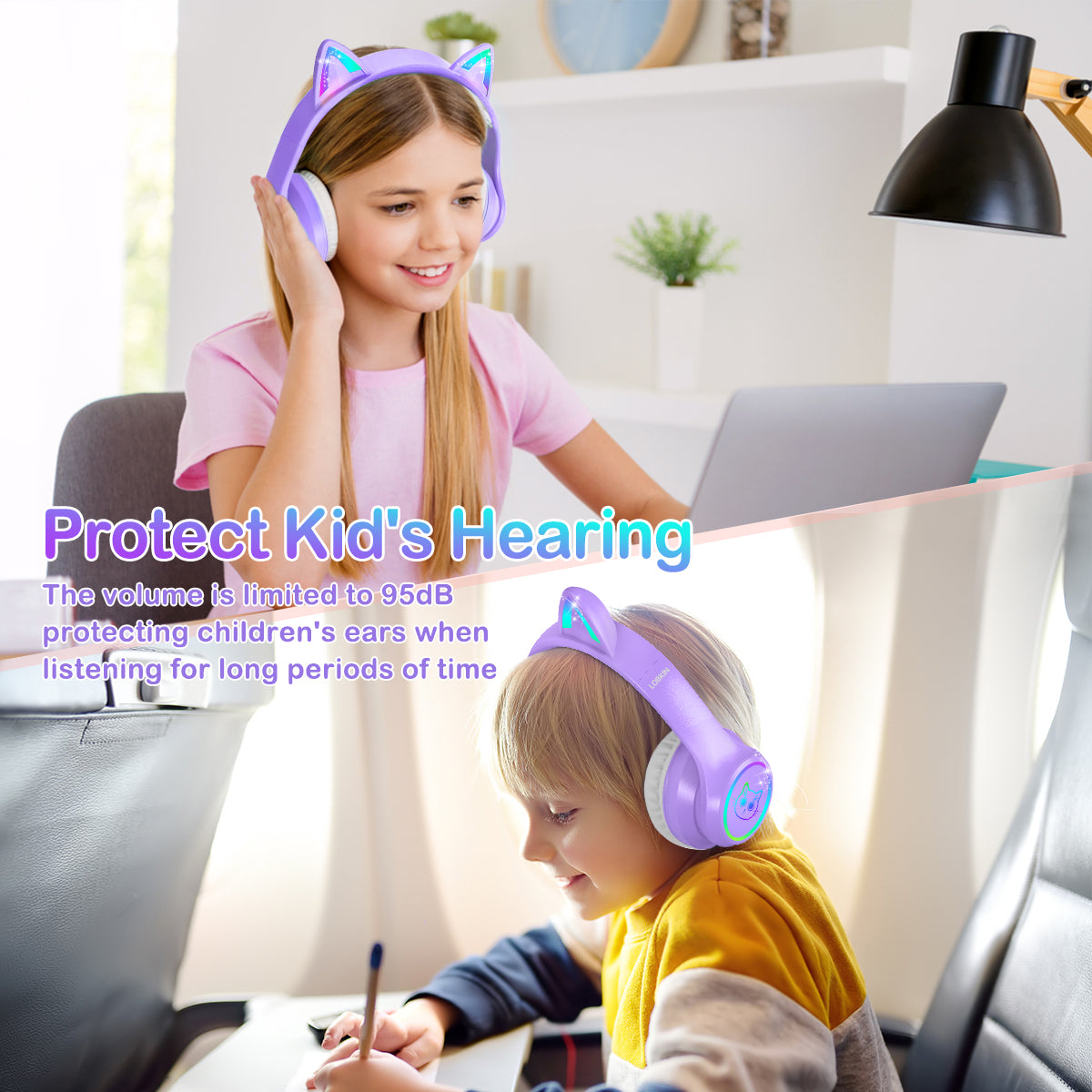 LOBKIN Auriculares Niños con Bolsa, Inalámbricos y con Cable, Auriculares Bluetooth Niños Niñas Plegables Ajustable para Escuela, Viajes