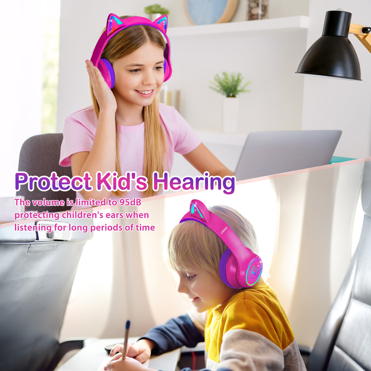 LOBKIN Auriculares Niños con Bolsa, Inalámbricos y con Cable, Auriculares Bluetooth Niños Niñas Plegables Ajustable para Escuela, Viajes