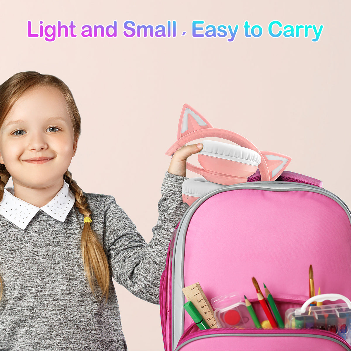 LOBKIN Casque Enfant, Casque Bluetooth Chat Enfant avec Sac, sans Fil et Filaire, Casque Musique Fille Pliable Réglable pour École, Voyage