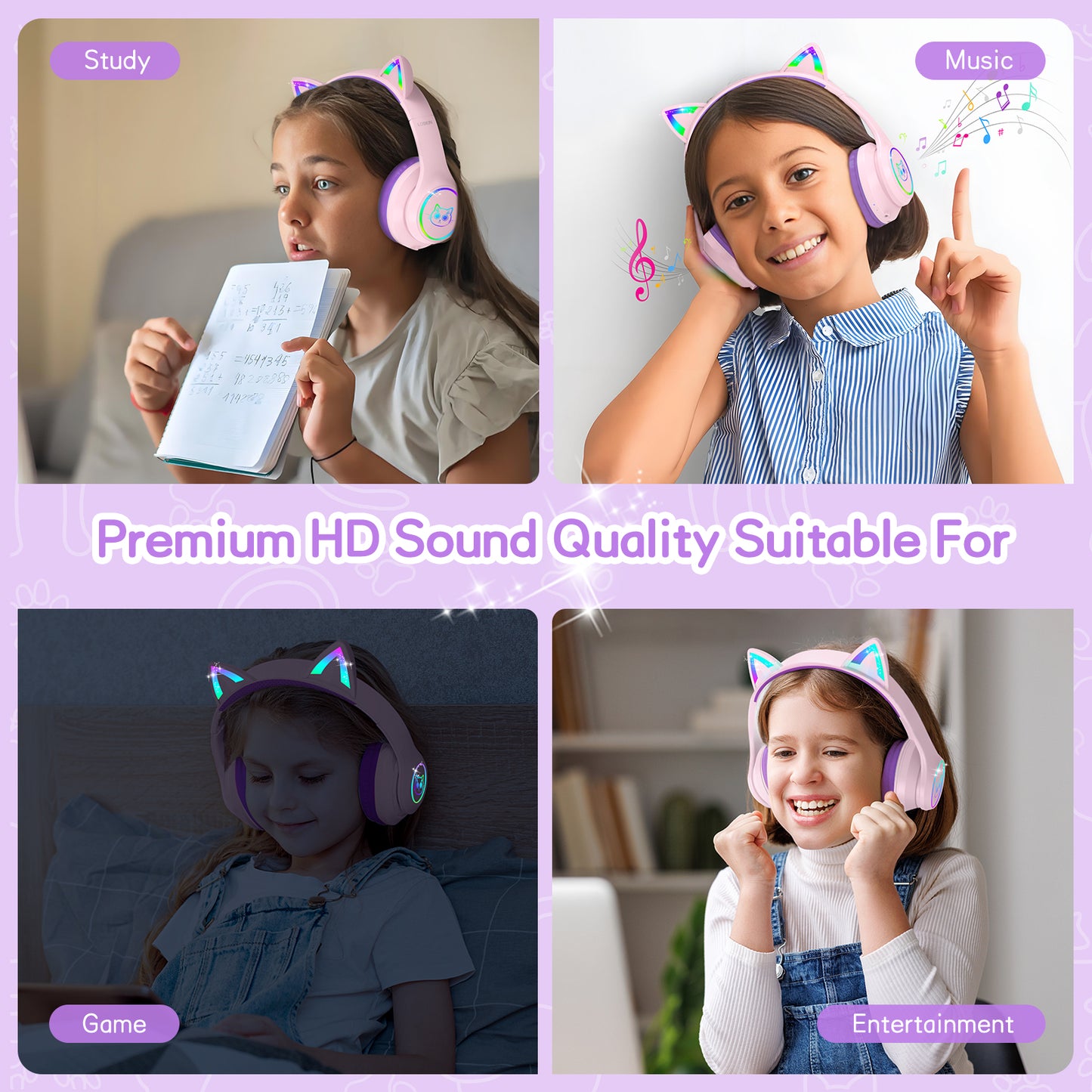LOBKIN Auriculares Niños con Bolsa, Inalámbricos y con Cable, Auriculares Bluetooth Niños Niñas Plegables Ajustable para Escuela, Viajes