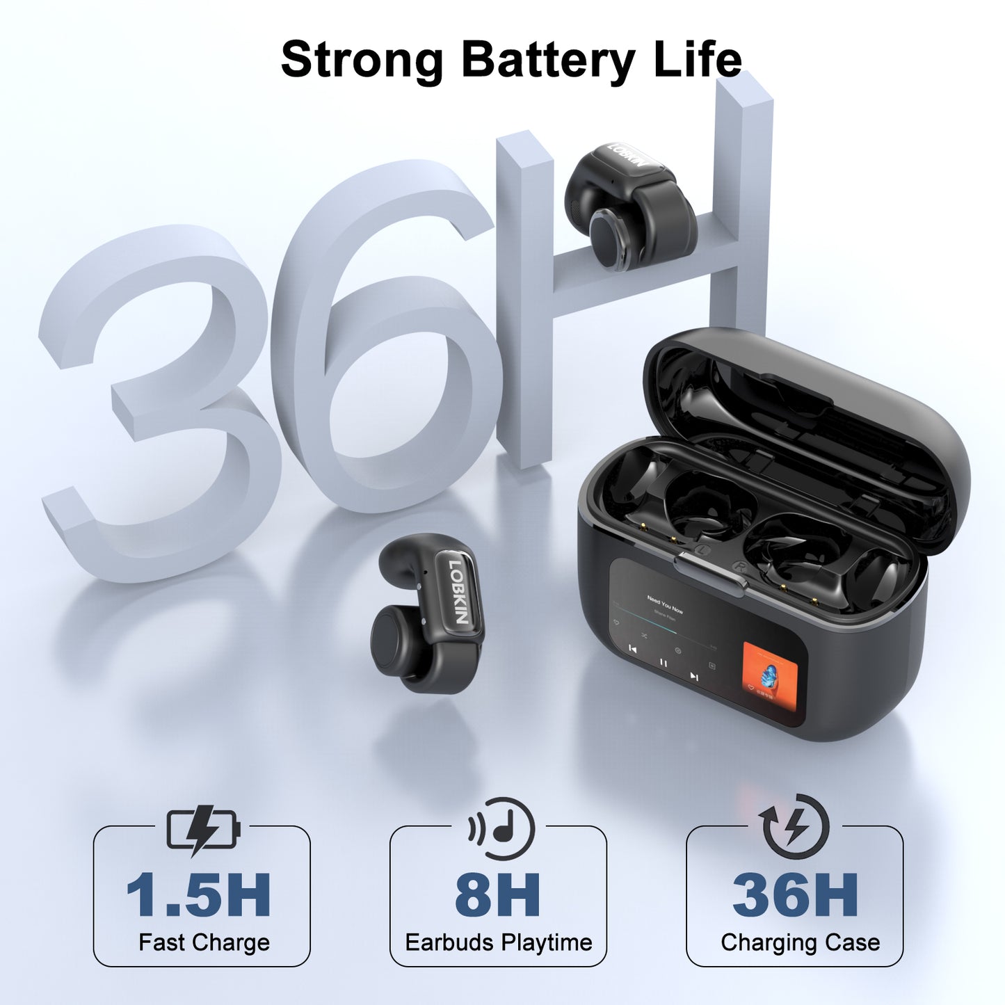 LOBKIN Open Ear Headphones, Clip On Earphones, Wireless Earbud Bluetooth 5.4, Open Ear Earbuds with LED Display and 4GB Memory,Bone Conduction Earbuds Built-in HD Microphone, 36 Hours Playtime