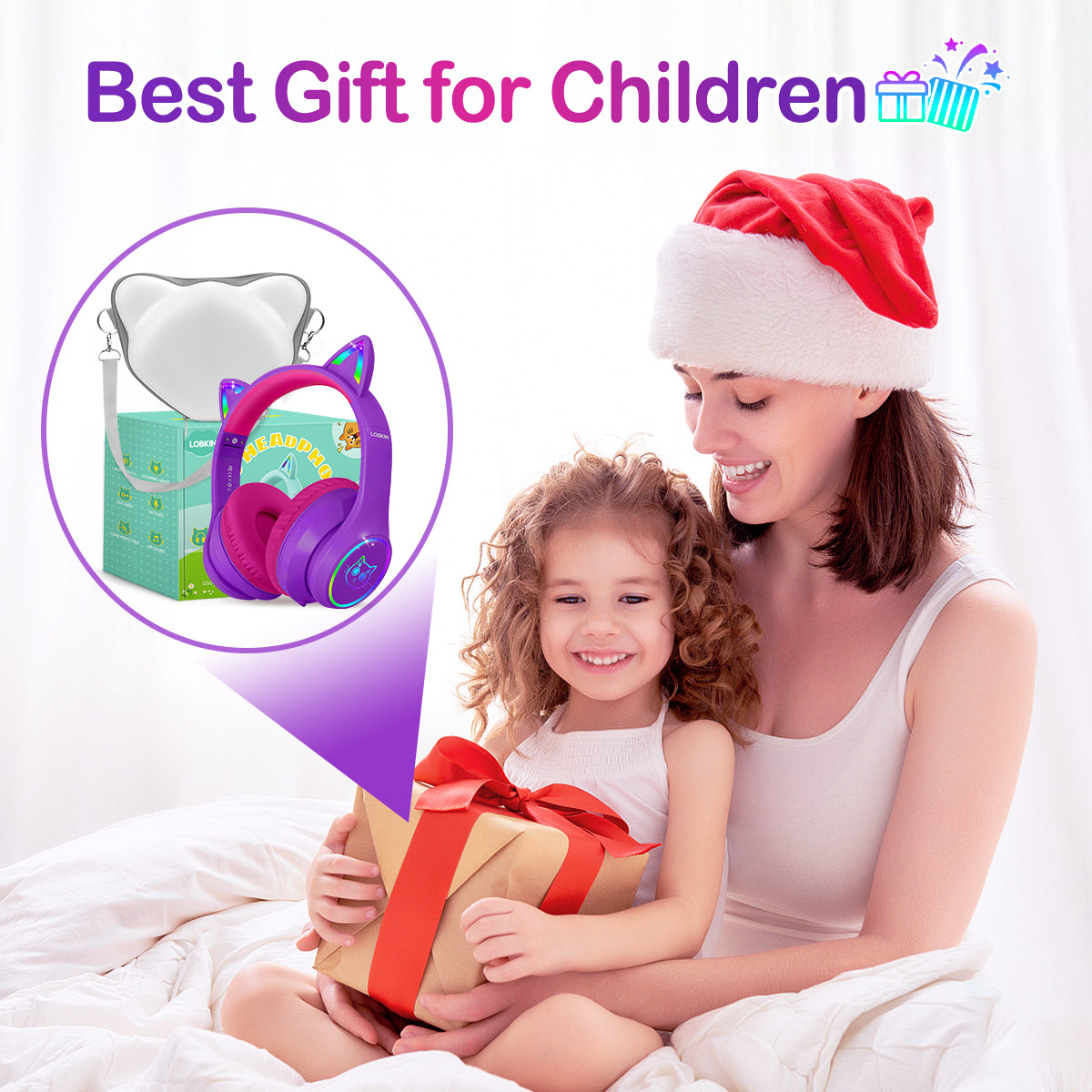 LOBKIN Bluetooth 5.3 Kids Headphones with Case - RGB LED Light Up Cat Ears Foldable Adjustable over ear headphone Support Wireless or 3.5mm Wired Mode for Toddler & Girls & Boys Teens