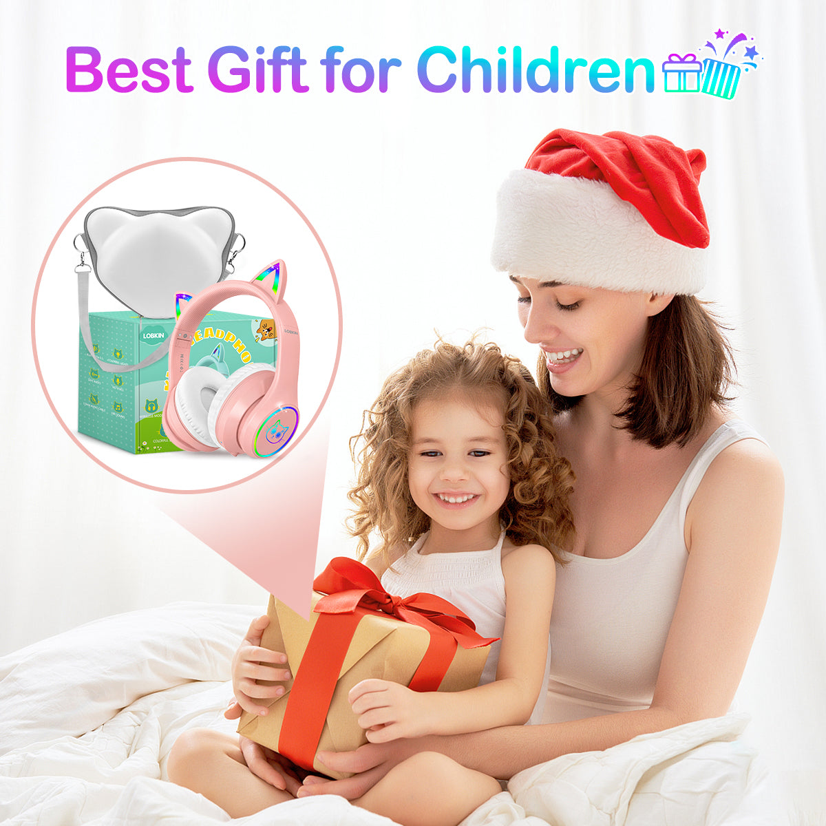 LOBKIN Casque Enfant, Casque Bluetooth Chat Enfant avec Sac, sans Fil et Filaire, Casque Musique Fille Pliable Réglable pour École, Voyage