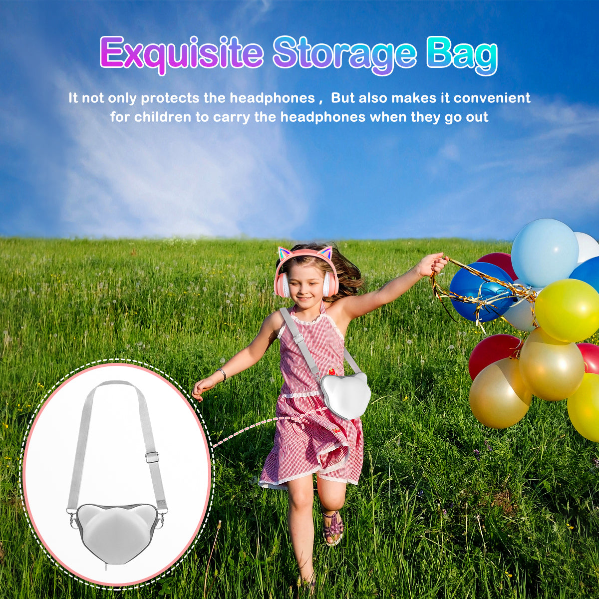 LOBKIN Casque Enfant, Casque Bluetooth Chat Enfant avec Sac, sans Fil et Filaire, Casque Musique Fille Pliable Réglable pour École, Voyage