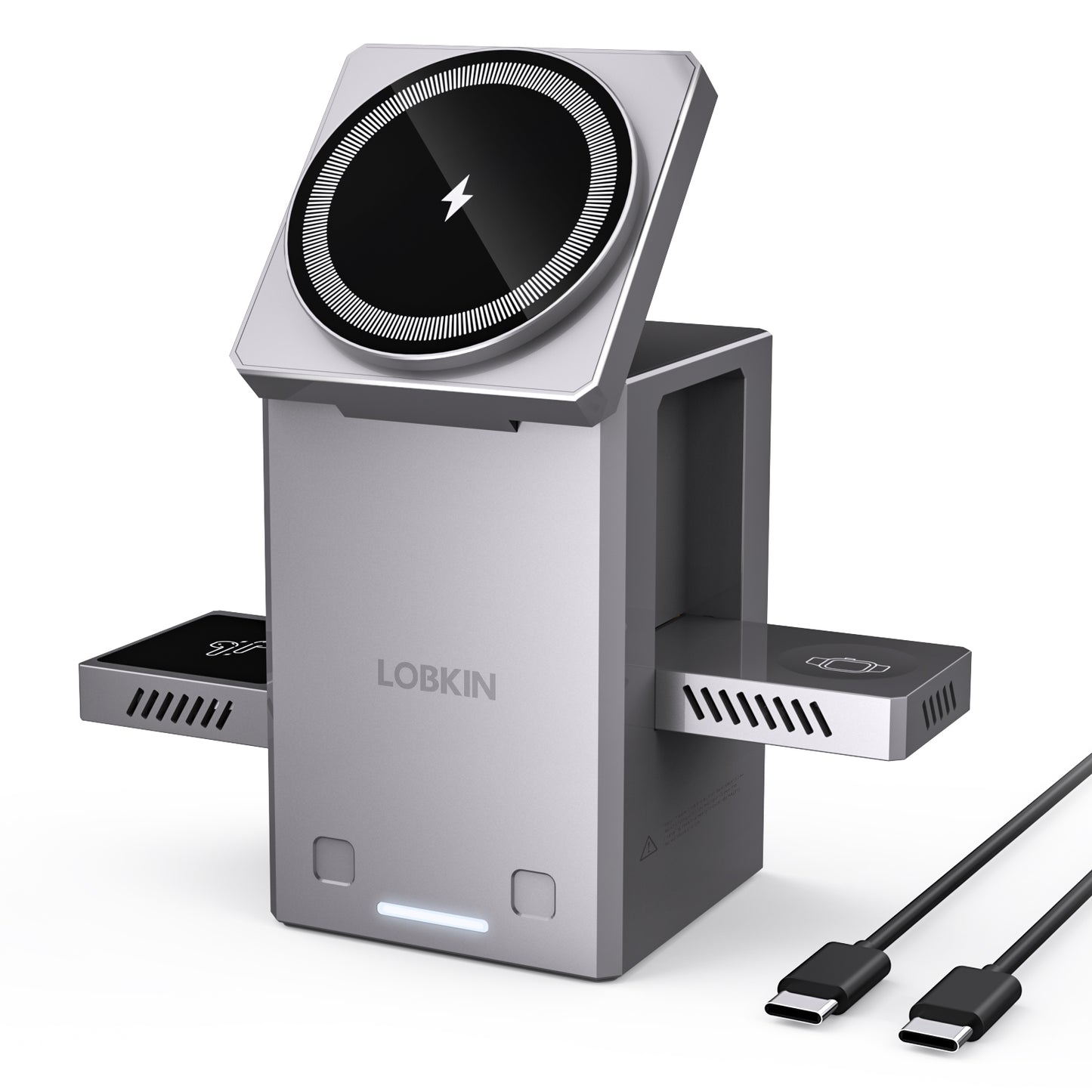 LOBKIN 3 in 1 Charging Station for iPhone, Mag-Safe Charger, Rotating Wireless Charger Stand for iPhone 16–12 Series, AirPods, Apple Watch