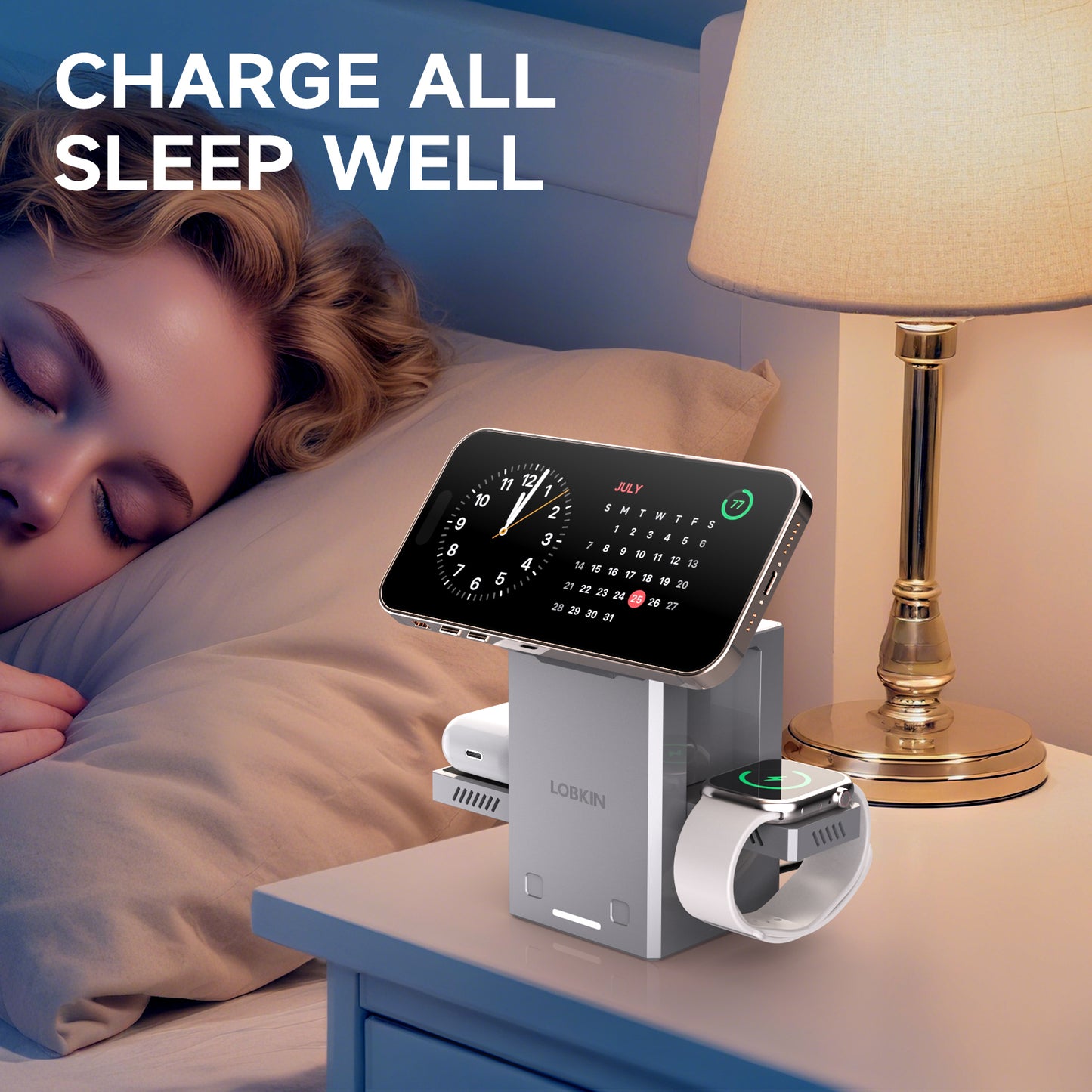 LOBKIN 3 in 1 Charging Station for iPhone, Mag-Safe Charger, Rotating Wireless Charger Stand for iPhone 16–12 Series, AirPods, Apple Watch
