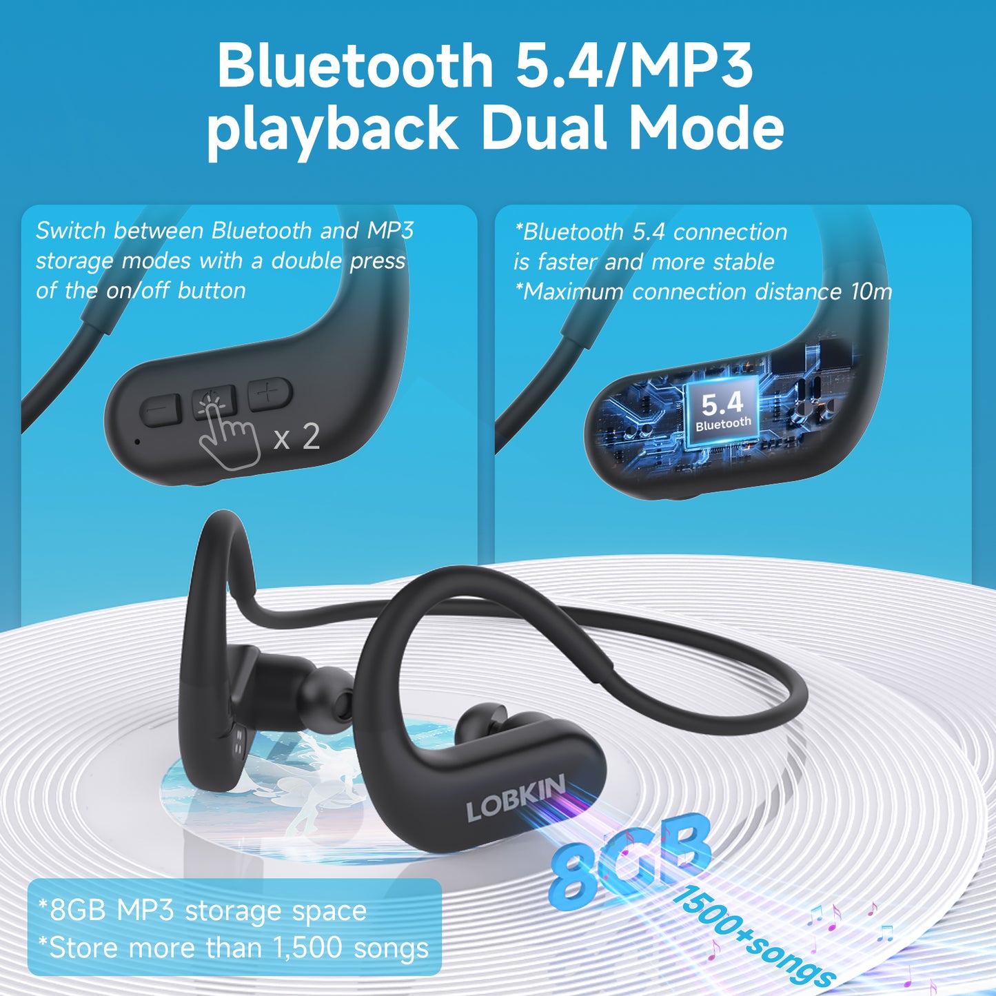 LOBKIN Waterproof Earbuds for Swimming,Bone Conduction Headphones IPX8 Swimming Headphones 8GB Memory Bluetooth 5.4 Wireless 8H Playtime in Ear Underwater Sport Earphones for Swimming,Running
