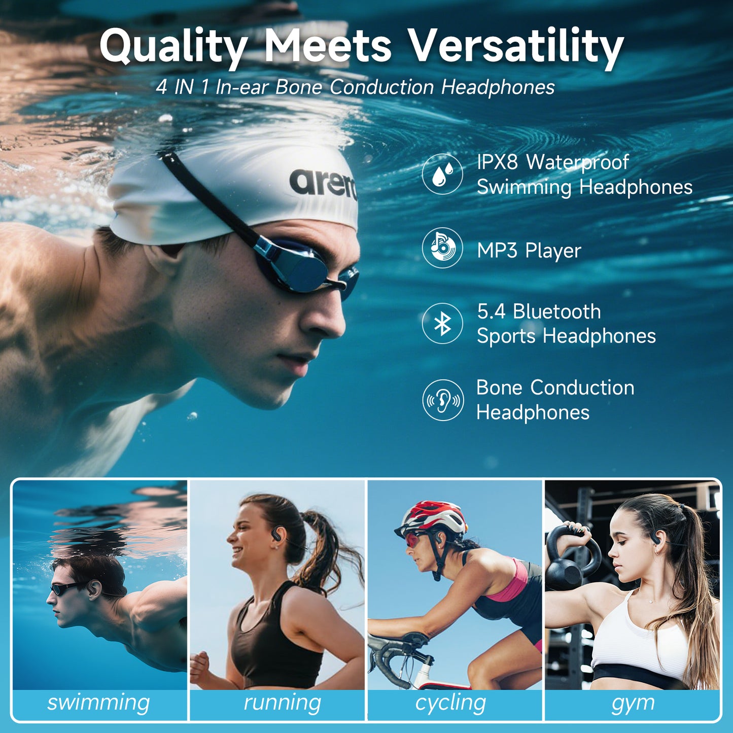 LOBKIN Waterproof Earbuds for Swimming,Bone Conduction Headphones IPX8 Swimming Headphones 8GB Memory Bluetooth 5.4 Wireless 8H Playtime in Ear Underwater Sport Earphones for Swimming,Running