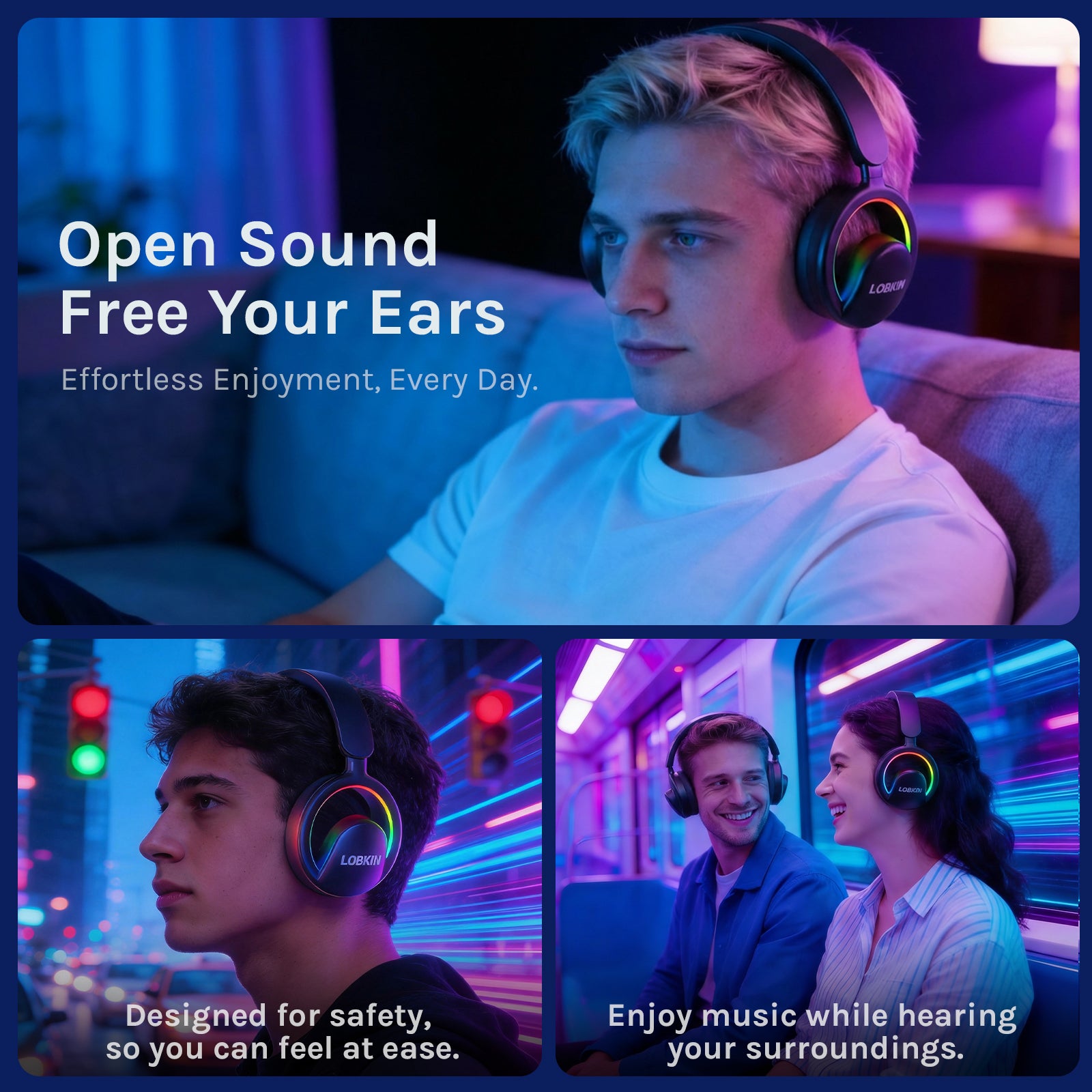 LOBKIN S35- Open Ear Headphones- Bluetooth 6.0 RGB Lights Mic Detachable Voice Assistant