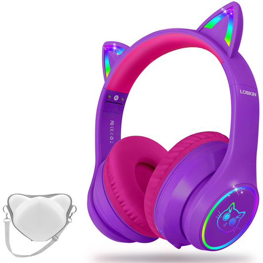 LOBKIN Bluetooth 5.3 Kids Headphones with Case - RGB LED Light Up Cat Ears Foldable Adjustable over ear headphone Support Wireless or 3.5mm Wired Mode for Toddler & Girls & Boys Teens