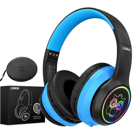 LOBKIN Kids Headphones Bluetooth 5.4,Over Ear Kids Headphones Wireless with Mic 50H Playtime Colorful LED Lights AUX Cord 94dB Safe Volume Limited Foldable Design for Boy Girl Travel/School/iPad