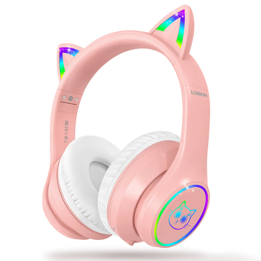 LOBKIN Casque Enfant, Casque Bluetooth Chat Enfant avec Sac, sans Fil et Filaire, Casque Musique Fille Pliable Réglable pour École, Voyage