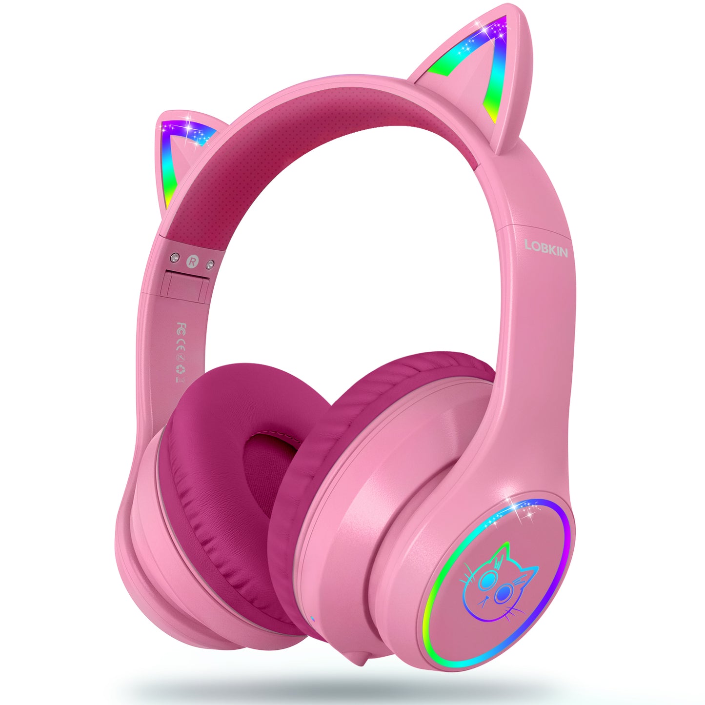 LOBKIN Bluetooth 5.4 Kids Headphones with Case - RGB LED Light Up Cat Ears Foldable Adjustable over ear headphone Support Wireless or 3.5mm Wired Mode for Toddler & Girls & Boys Teens