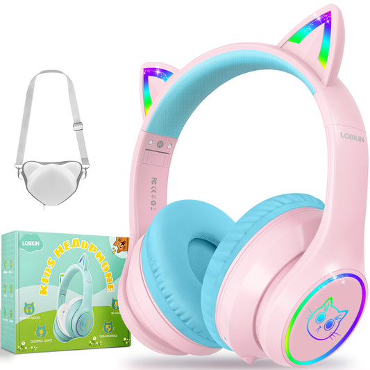 LOBKIN Kids Bluetooth Headphones,Over Ear Kids Headphones Wireless with Mic 50H Playtime Colorful LED Lights AUX Cord 94dB Safe Volume Limited Foldable Design for Boy Girl Travel/School/iPad