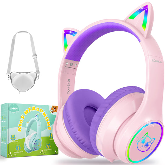 LOBKIN Auriculares Niños con Bolsa, Inalámbricos y con Cable, Auriculares Bluetooth Niños Niñas Plegables Ajustable para Escuela, Viajes