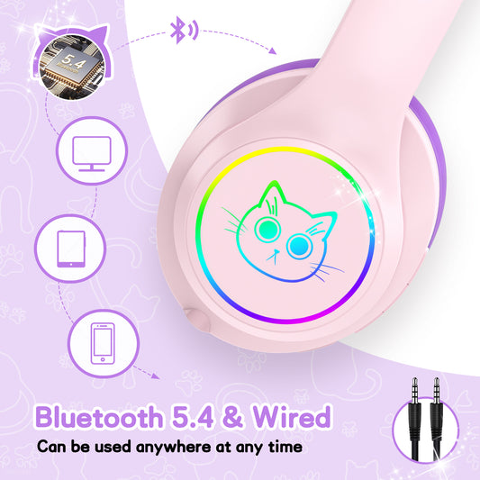 LOBKIN Auriculares Niños con Bolsa, Inalámbricos y con Cable, Auriculares Bluetooth Niños Niñas Plegables Ajustable para Escuela, Viajes