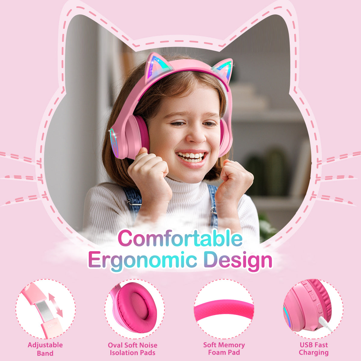 LOBKIN Bluetooth 5.4 Kids Headphones with Case - RGB LED Light Up Cat Ears Foldable Adjustable over ear headphone Support Wireless or 3.5mm Wired Mode for Toddler & Girls & Boys Teens