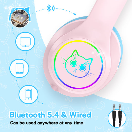 LOBKIN Kids Bluetooth Headphones,Over Ear Kids Headphones Wireless with Mic 50H Playtime Colorful LED Lights AUX Cord 94dB Safe Volume Limited Foldable Design for Boy Girl Travel/School/iPad