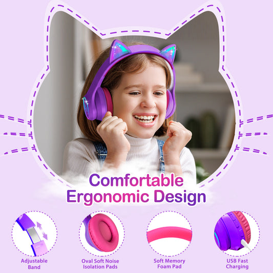 LOBKIN Bluetooth 5.3 Kids Headphones with Case - RGB LED Light Up Cat Ears Foldable Adjustable over ear headphone Support Wireless or 3.5mm Wired Mode for Toddler & Girls & Boys Teens