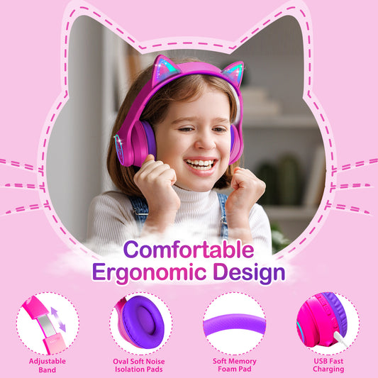LOBKIN Auriculares Niños con Bolsa, Inalámbricos y con Cable, Auriculares Bluetooth Niños Niñas Plegables Ajustable para Escuela, Viajes