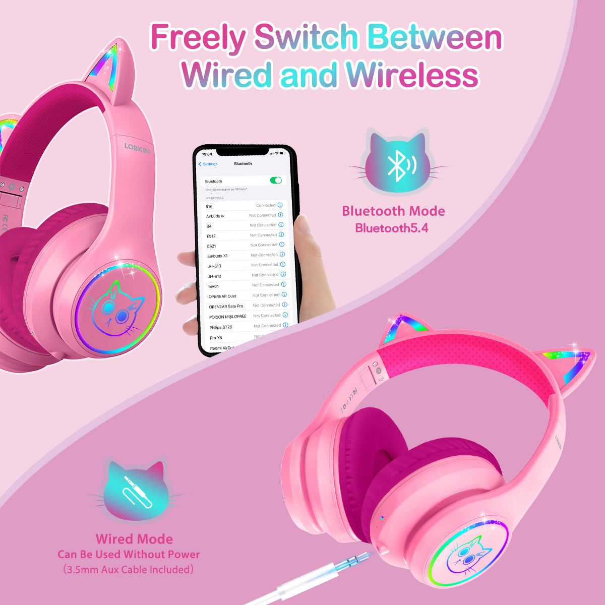 LOBKIN Bluetooth 5.4 Kids Headphones with Case - RGB LED Light Up Cat Ears Foldable Adjustable over ear headphone Support Wireless or 3.5mm Wired Mode for Toddler & Girls & Boys Teens
