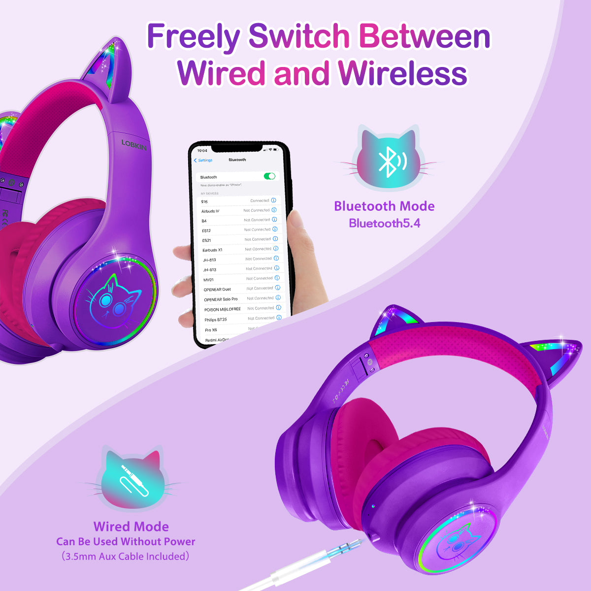LOBKIN Bluetooth 5.3 Kids Headphones with Case - RGB LED Light Up Cat Ears Foldable Adjustable over ear headphone Support Wireless or 3.5mm Wired Mode for Toddler & Girls & Boys Teens
