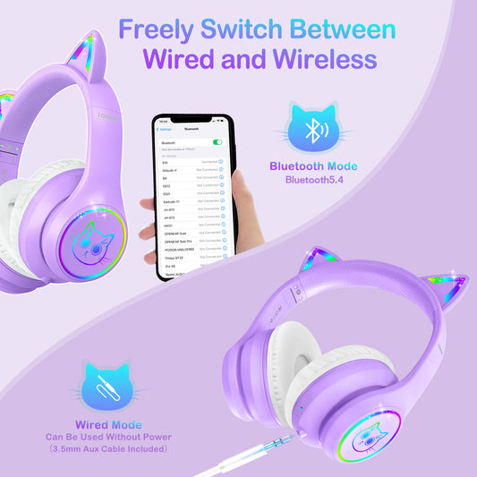 LOBKIN Auriculares Niños con Bolsa, Inalámbricos y con Cable, Auriculares Bluetooth Niños Niñas Plegables Ajustable para Escuela, Viajes