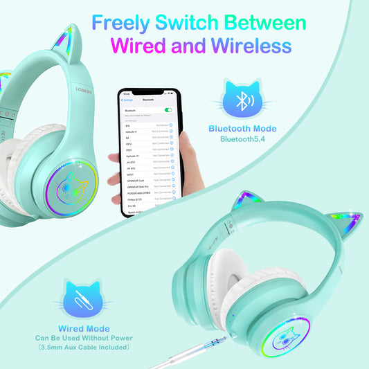 LOBKIN Auriculares Niños con Bolsa, Inalámbricos y con Cable, Auriculares Bluetooth Niños Niñas Plegables Ajustable para Escuela, Viajes