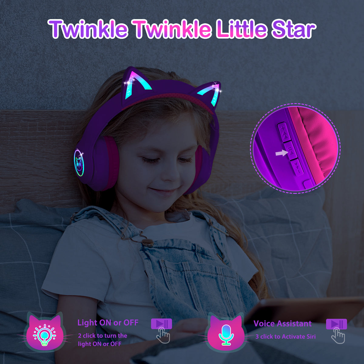 LOBKIN Bluetooth 5.3 Kids Headphones with Case - RGB LED Light Up Cat Ears Foldable Adjustable over ear headphone Support Wireless or 3.5mm Wired Mode for Toddler & Girls & Boys Teens