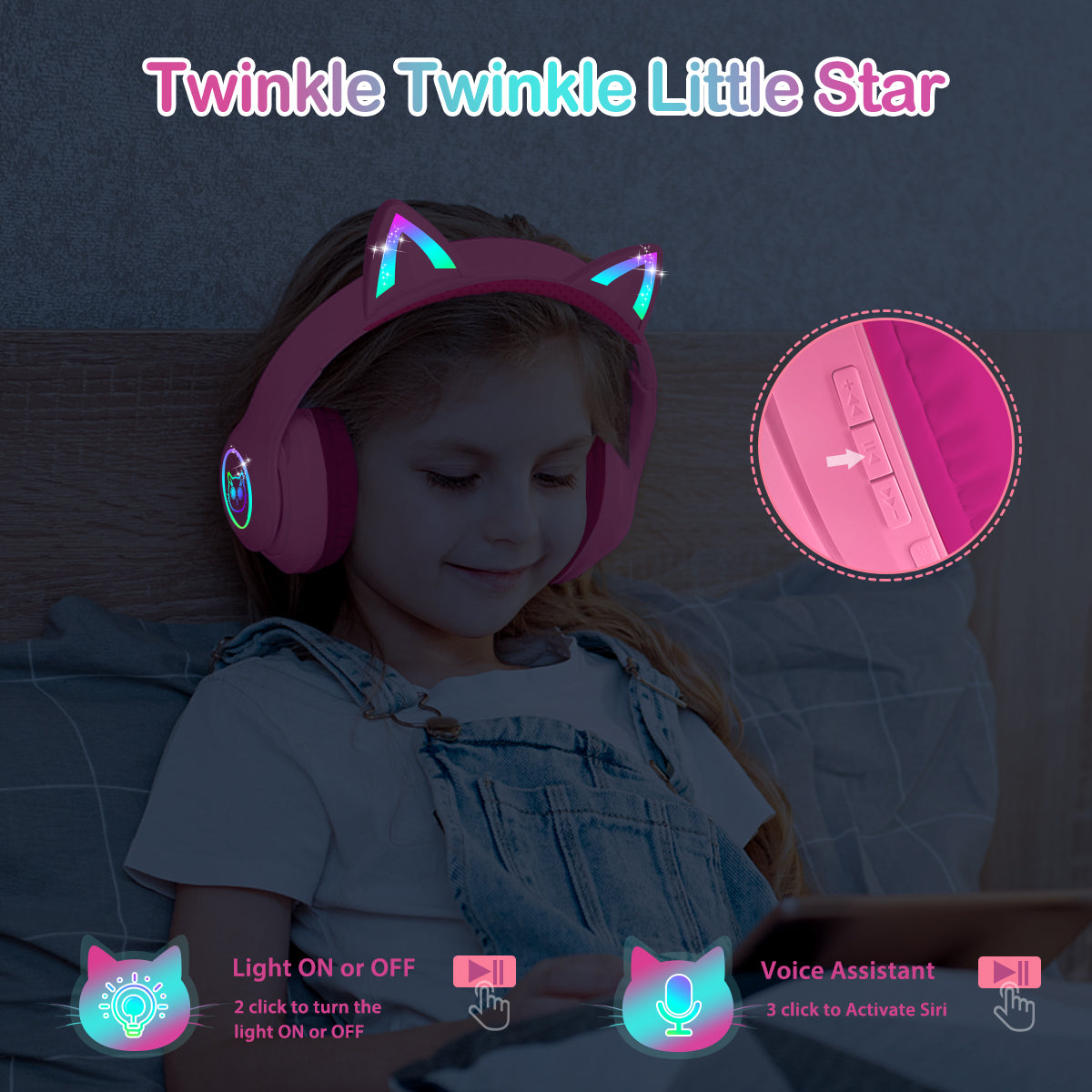 LOBKIN Bluetooth 5.4 Kids Headphones with Case - RGB LED Light Up Cat Ears Foldable Adjustable over ear headphone Support Wireless or 3.5mm Wired Mode for Toddler & Girls & Boys Teens
