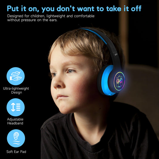 LOBKIN Kids Headphones Bluetooth 5.4,Over Ear Kids Headphones Wireless with Mic 50H Playtime Colorful LED Lights AUX Cord 94dB Safe Volume Limited Foldable Design for Boy Girl Travel/School/iPad