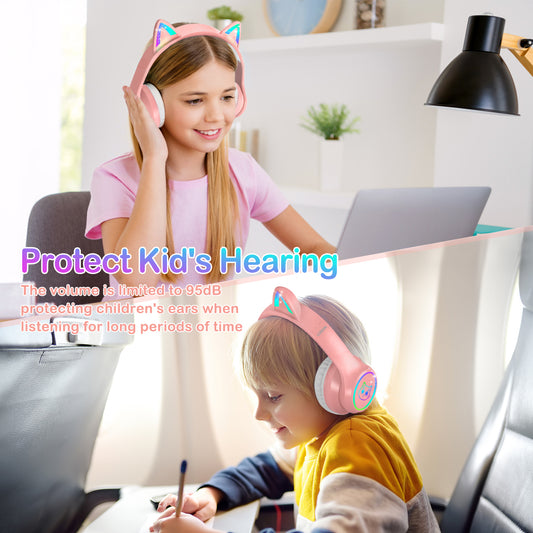 LOBKIN Casque Enfant, Casque Bluetooth Chat Enfant avec Sac, sans Fil et Filaire, Casque Musique Fille Pliable Réglable pour École, Voyage