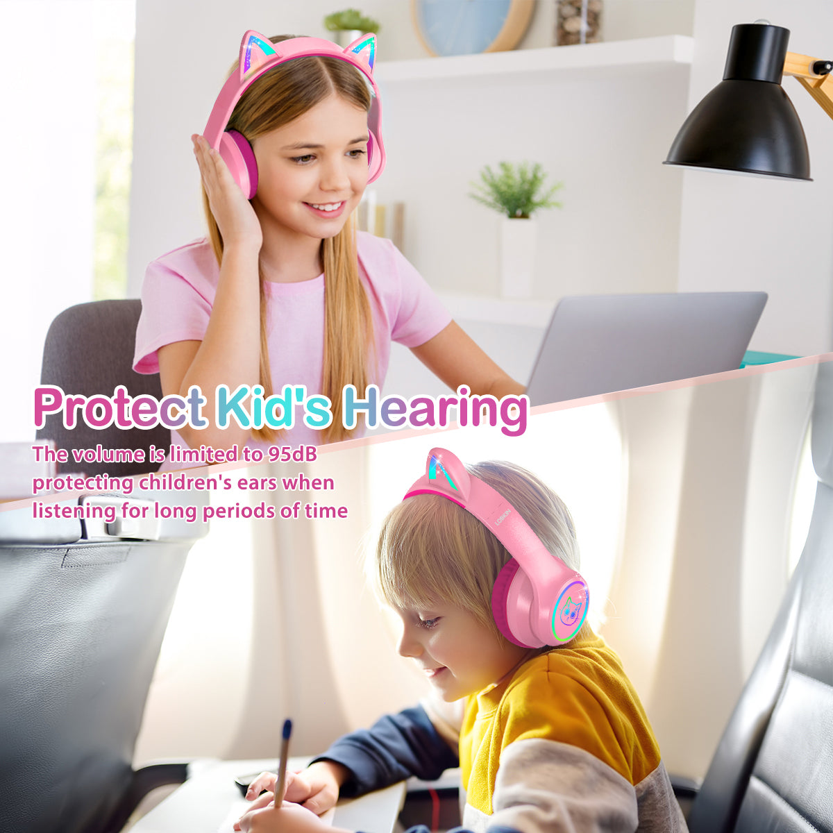 LOBKIN Bluetooth 5.4 Kids Headphones with Case - RGB LED Light Up Cat Ears Foldable Adjustable over ear headphone Support Wireless or 3.5mm Wired Mode for Toddler & Girls & Boys Teens