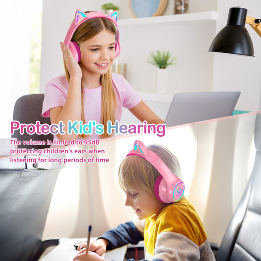 LOBKIN Bluetooth 5.4 Kids Headphones with Case - RGB LED Light Up Cat Ears Foldable Adjustable over ear headphone Support Wireless or 3.5mm Wired Mode for Toddler & Girls & Boys Teens