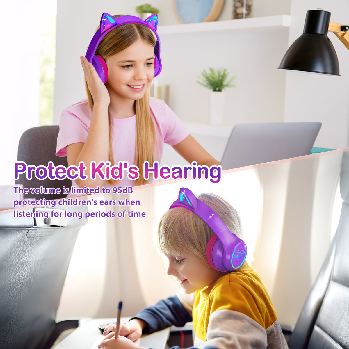 LOBKIN Bluetooth 5.3 Kids Headphones with Case - RGB LED Light Up Cat Ears Foldable Adjustable over ear headphone Support Wireless or 3.5mm Wired Mode for Toddler & Girls & Boys Teens