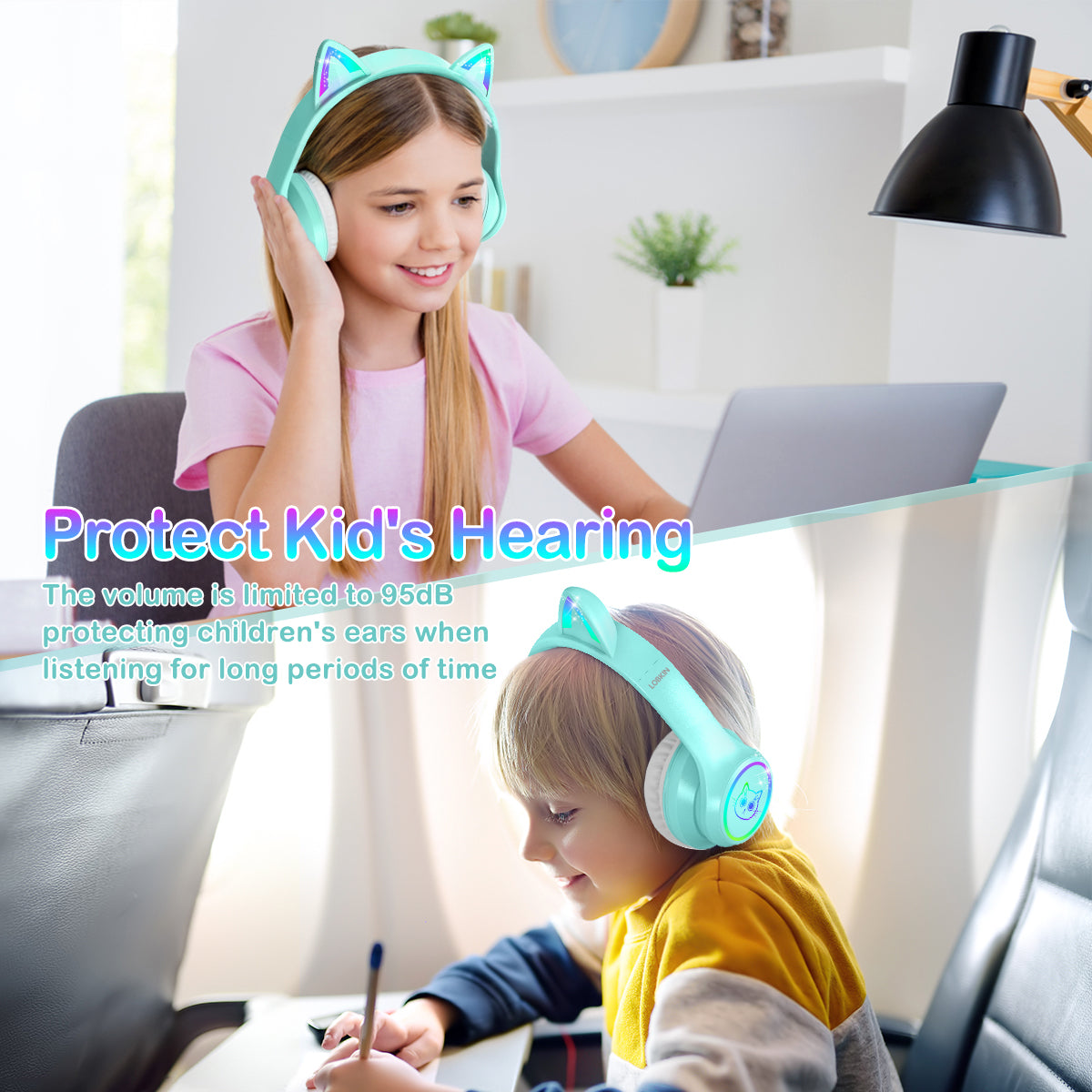 LOBKIN Auriculares Niños con Bolsa, Inalámbricos y con Cable, Auriculares Bluetooth Niños Niñas Plegables Ajustable para Escuela, Viajes