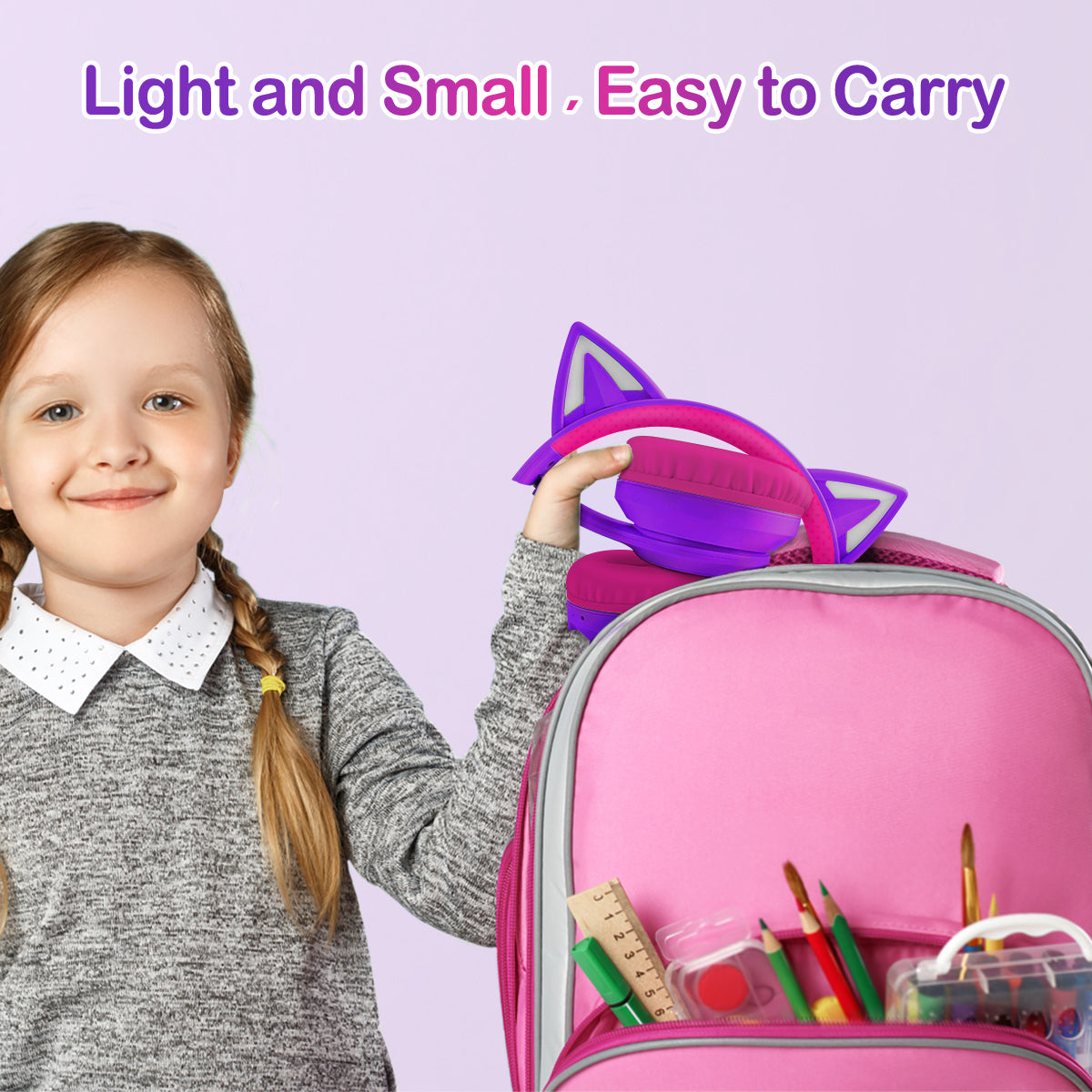 LOBKIN Bluetooth 5.3 Kids Headphones with Case - RGB LED Light Up Cat Ears Foldable Adjustable over ear headphone Support Wireless or 3.5mm Wired Mode for Toddler & Girls & Boys Teens