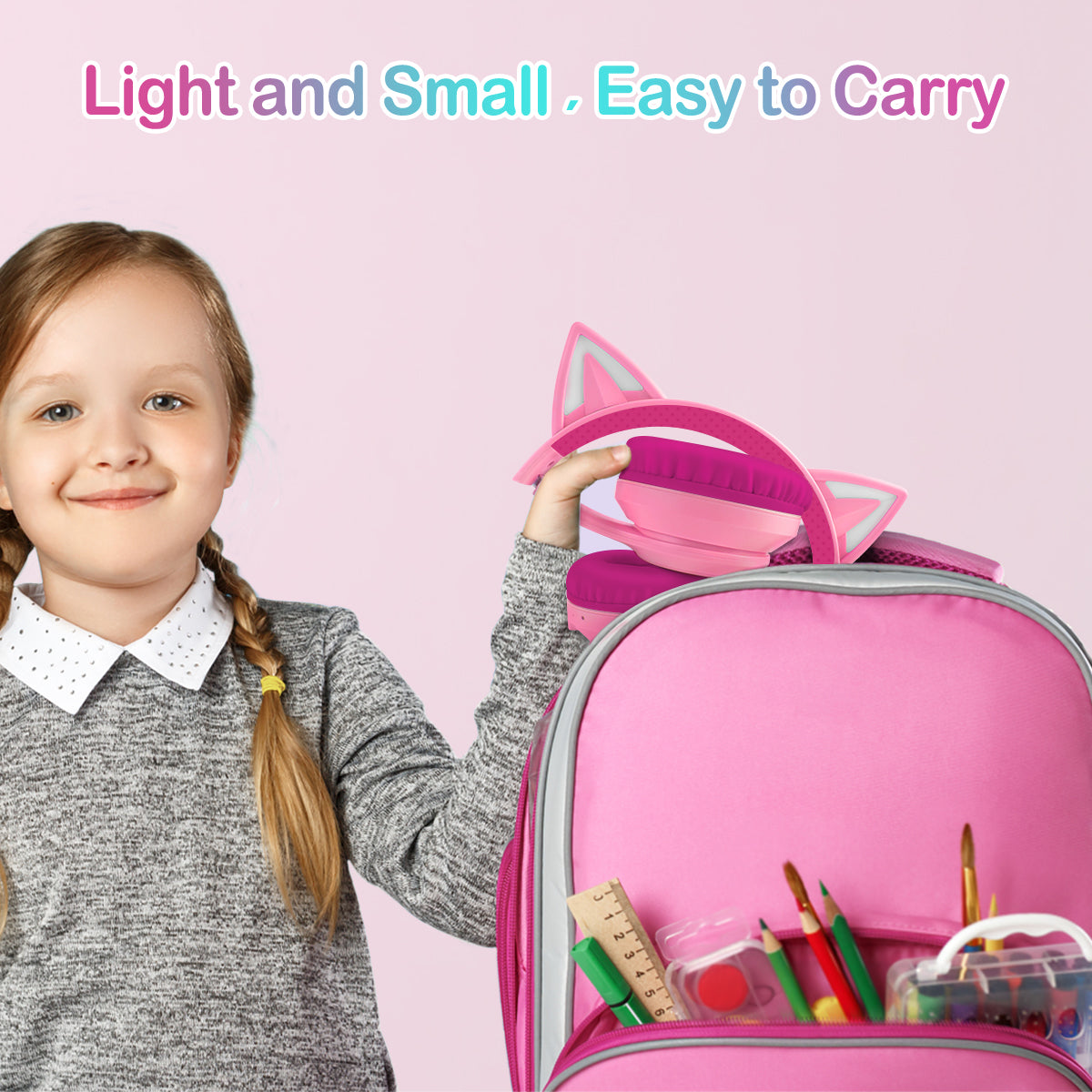 LOBKIN Bluetooth 5.4 Kids Headphones with Case - RGB LED Light Up Cat Ears Foldable Adjustable over ear headphone Support Wireless or 3.5mm Wired Mode for Toddler & Girls & Boys Teens