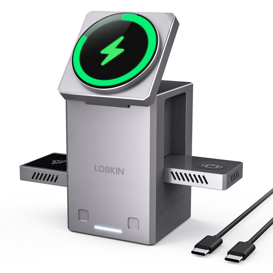 LOBKIN 3 in 1 Charging Station for iPhone, Mag-Safe Charger, Rotating Wireless Charger Stand for iPhone 16–12 Series, AirPods, Apple Watch