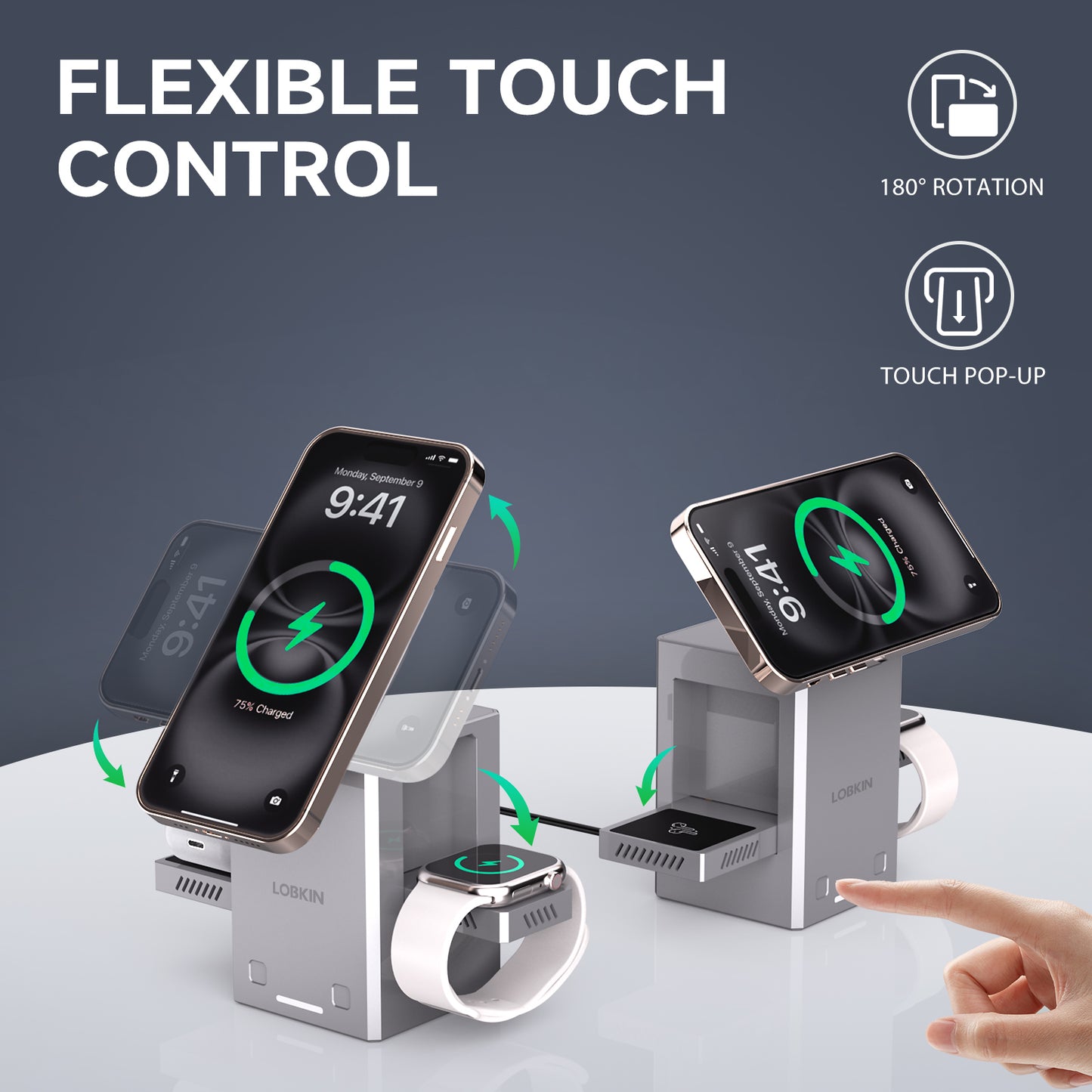 LOBKIN 3 in 1 Charging Station for iPhone, Mag-Safe Charger, Rotating Wireless Charger Stand for iPhone 16–12 Series, AirPods, Apple Watch