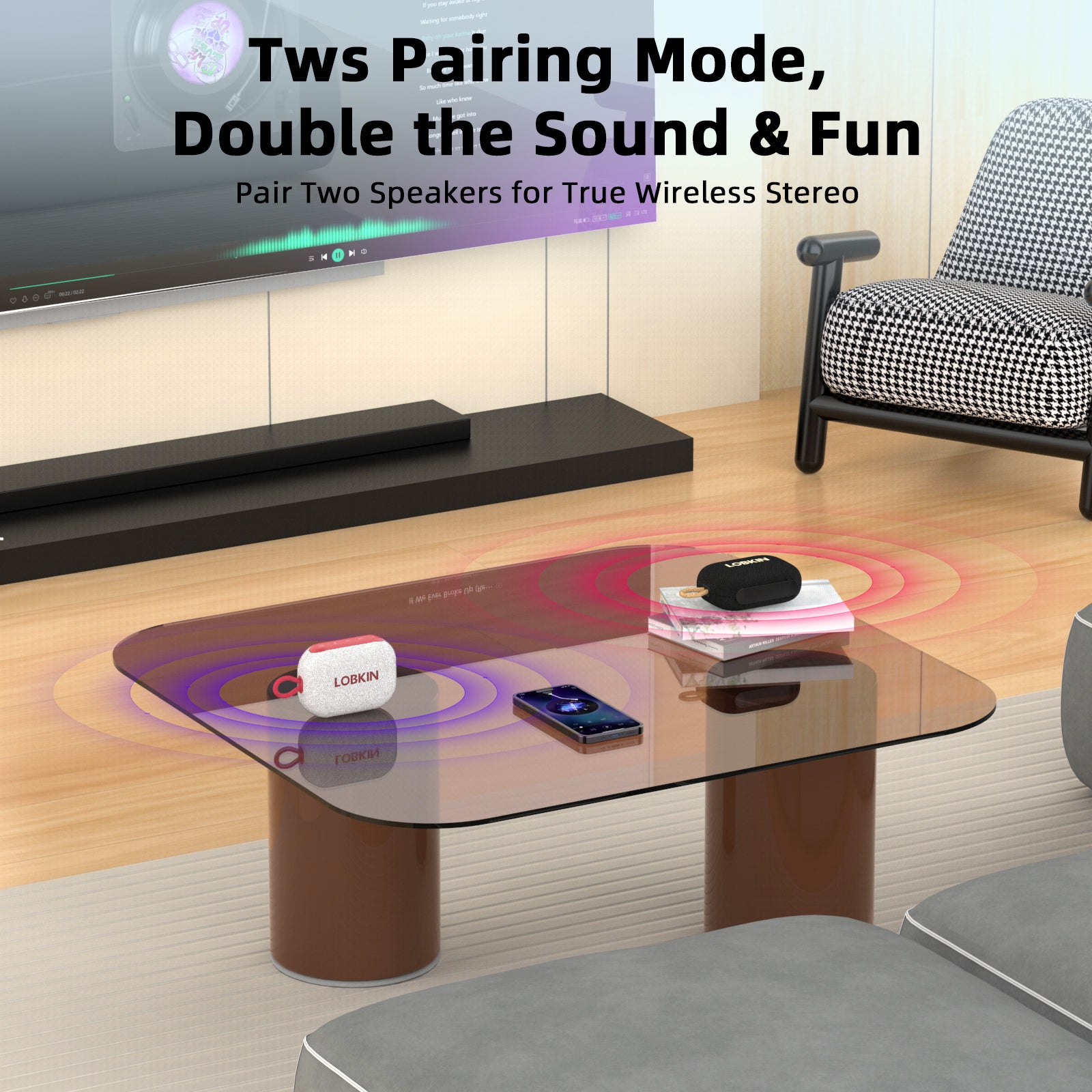 LOBKIN ES10 White Portable Speaker Stereo Pairing Feature