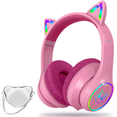 Pink headphones with cat ears and colorful LED lights on a white background