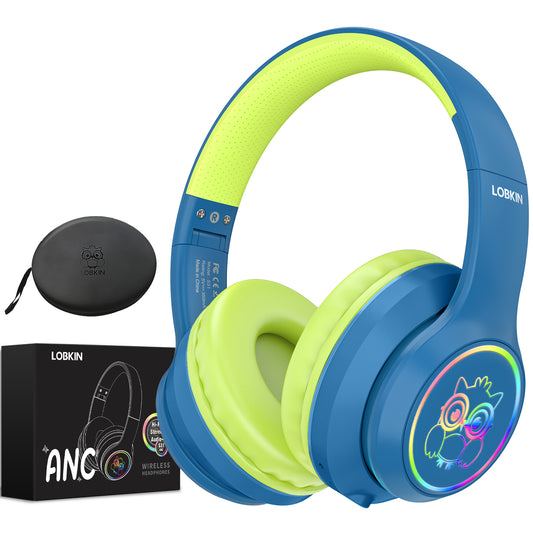 LOBKIN Kids Headphones Bluetooth 5.4,Over Ear Kids Headphones Wireless with Mic 50H Playtime Colorful LED Lights AUX Cord 94dB Safe Volume Limited Foldable Design for Boy Girl Travel/School/iPad